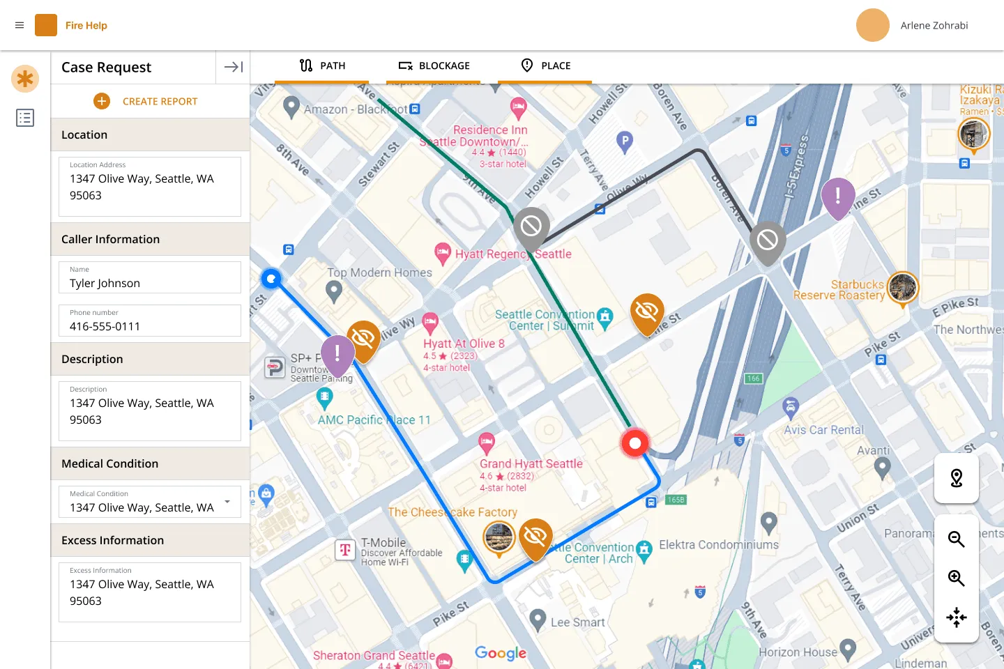 Fire Help tablet app: a case request sidebar with location and caller details beside a map of downtown Seattle showing a route and road blockages