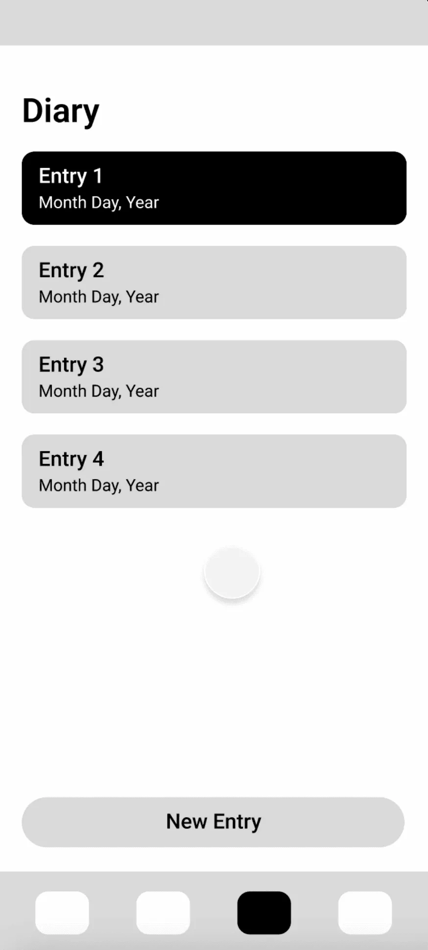 Wireframe of the diary list showing saved entries